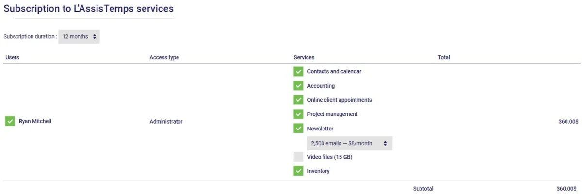 Renewing an AssisTime subscription: term, users and selected services