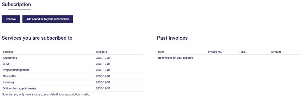 AssisTime Subscription page: services, expiry dates and past invoices