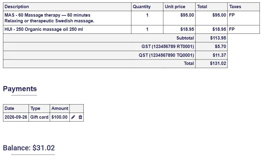 Invoice partly paid by gift card in AssisTime: $100 payment and remaining balance