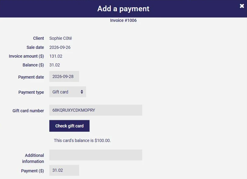 Adding a gift card payment in AssisTime: card number and balance check