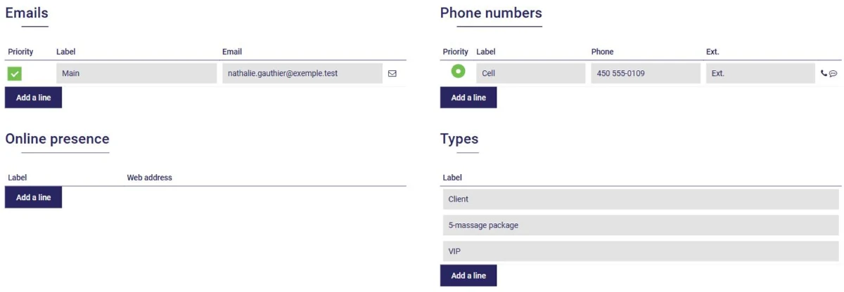 Contact record in AssisTime: email addresses, phone numbers, online presence and contact types