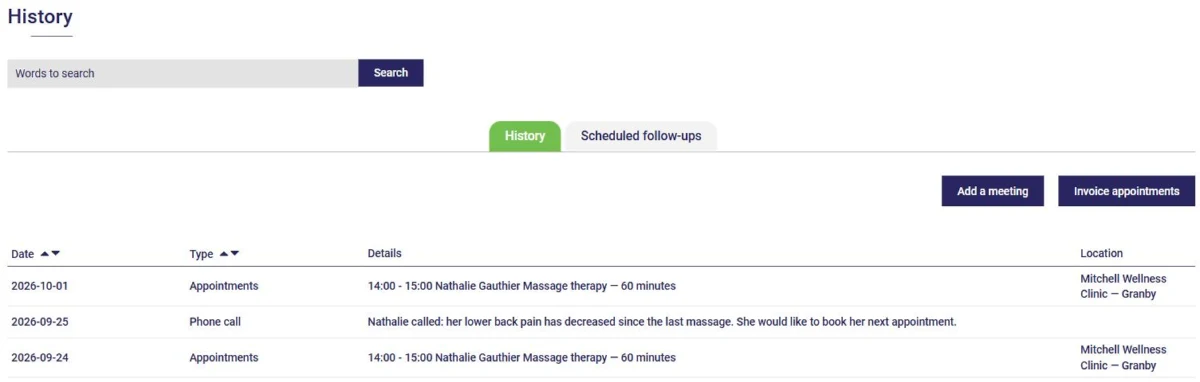 A client's history in AssisTime: call notes and appointments
