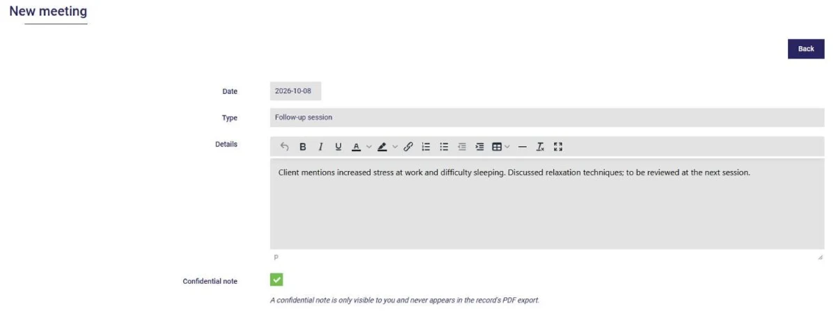 Confidential note in a client's file in AssisTime