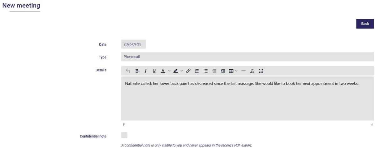 Adding a meeting to a client's history in AssisTime