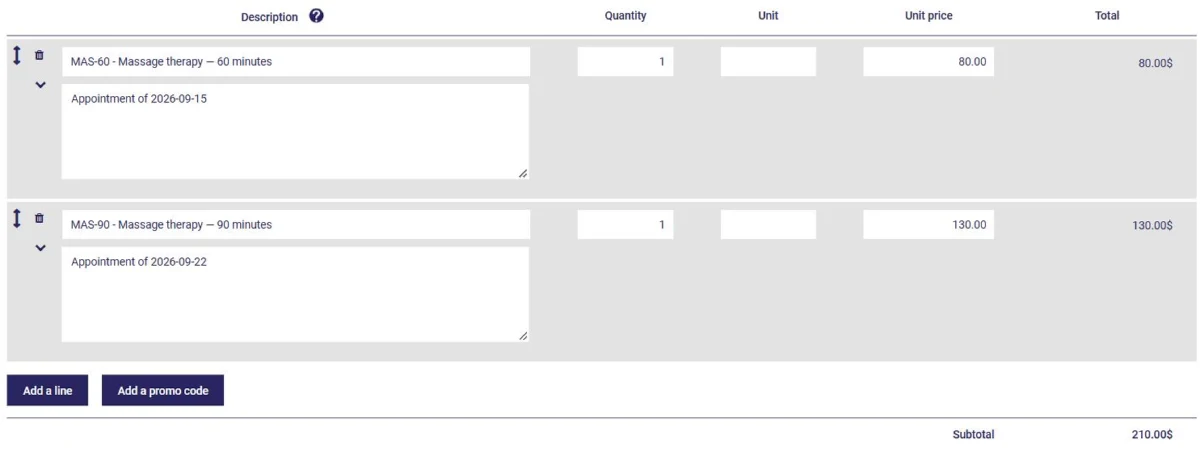 Invoice grouping several appointments in AssisTime: one line per appointment with its date