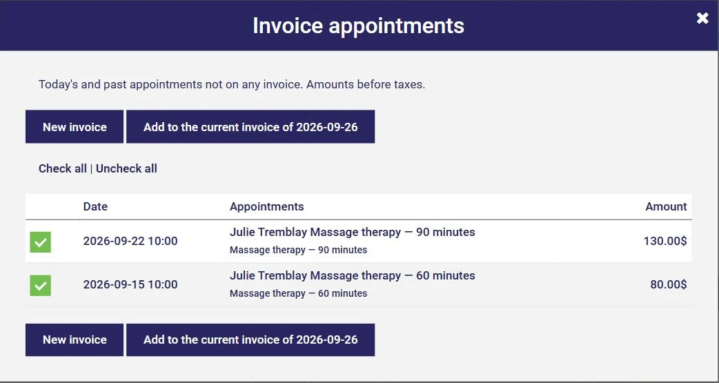 Invoice appointments window in AssisTime: the client's uninvoiced appointments, ready to be checked