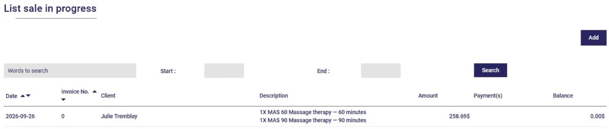 List of sales in progress in AssisTime: an invoice grouping two appointments, still to be completed