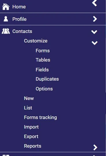 AssisTime Contacts menu with the Customize submenu: Forms, Tables, Fields, Duplicates, Options