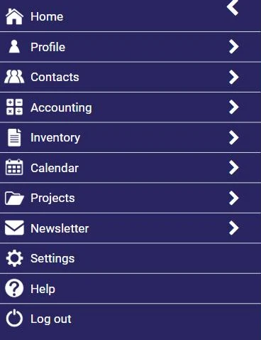 AssisTime main menu: Home, Profile, Contacts, Accounting, Inventory, Calendar, Projects, Newsletter, Settings, Help