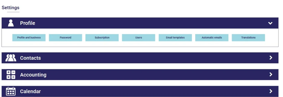 AssisTime Settings page: settings grouped by module (Profile, Contacts, Accounting…)