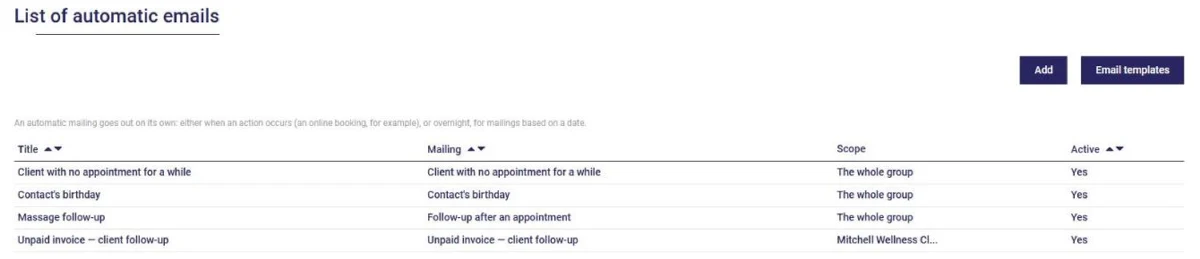 List of automatic emails in AssisTime