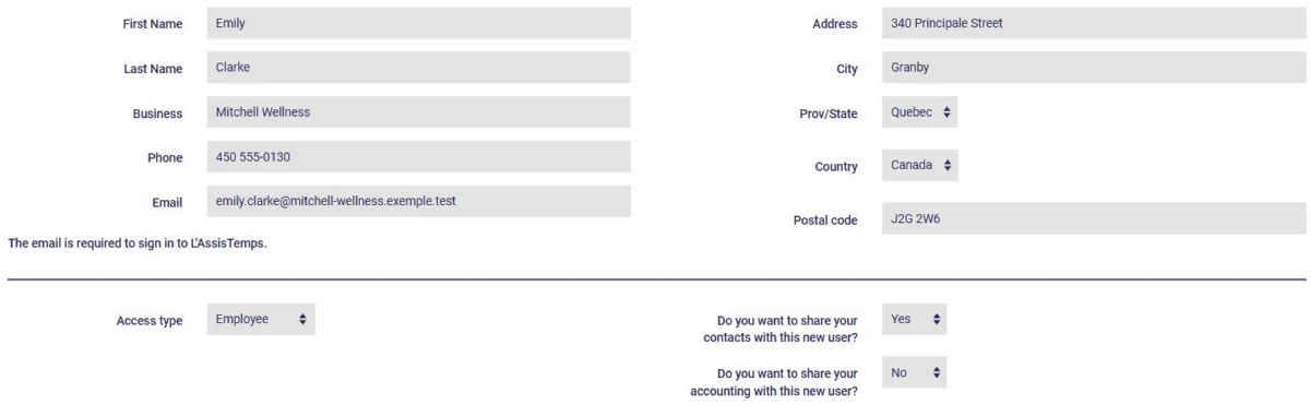 Adding a new user in AssisTime: contact details, access type, sharing of contacts and accounting