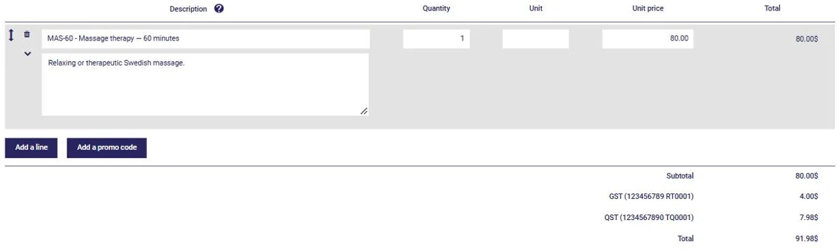 Invoice created from an appointment in AssisTime: service, price, GST, QST and total