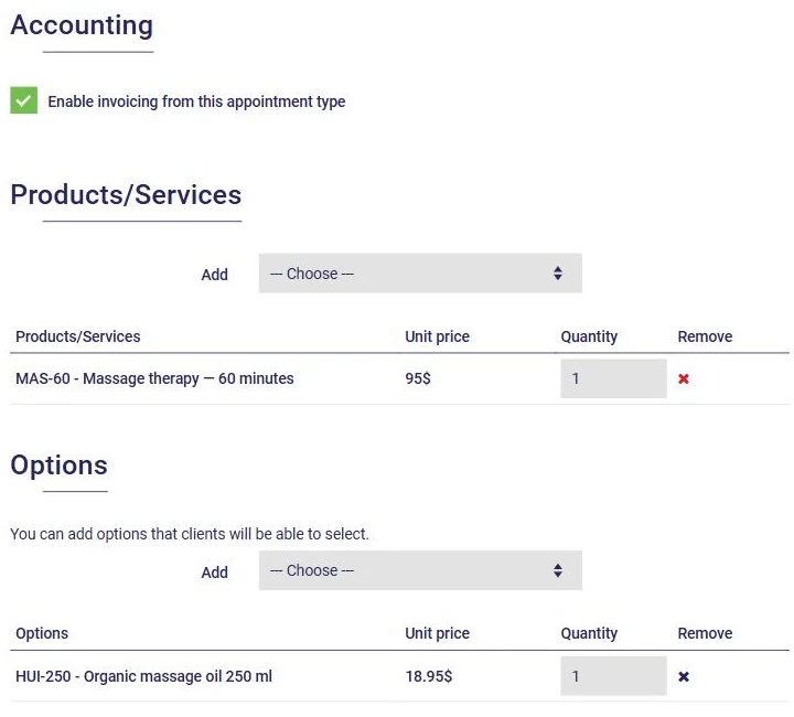 Accounting section of an appointment type in AssisTime: invoiced products and services and options