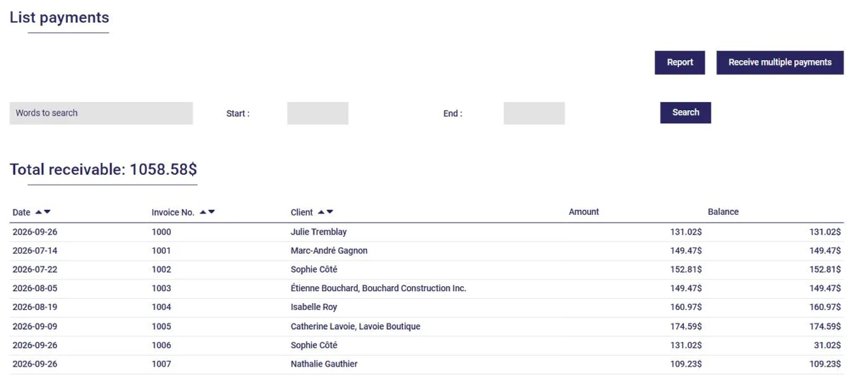 Unpaid invoices and total receivable in AssisTime