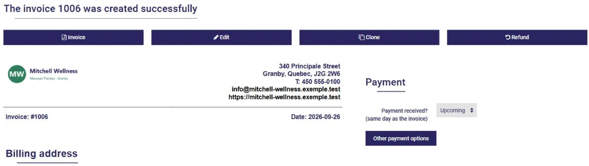 Invoice created in AssisTime: open as a PDF, edit, clone or refund