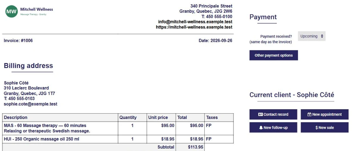 Completed invoice in AssisTime with the Current client section: contact record, new appointment, new follow-up, new sale