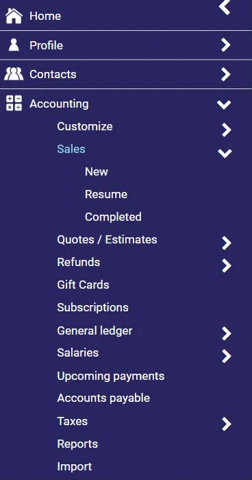 AssisTime Accounting menu: Sales, New, Resume, Completed