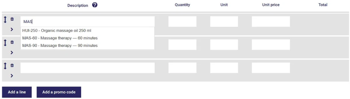 Adding a product or service to an invoice in AssisTime: suggestions as you type