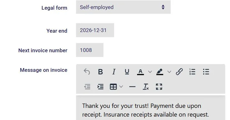 Business profile in AssisTime: next invoice number and invoice message