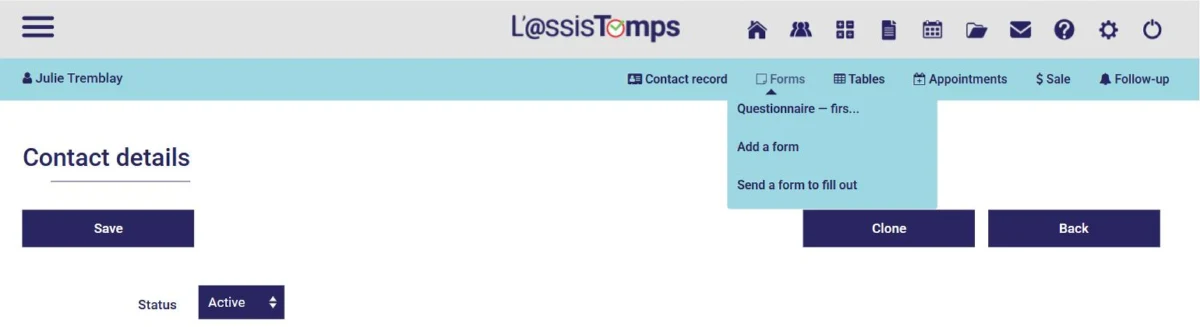 A client record in AssisTime: Forms menu, Add a form or Send a form to fill out