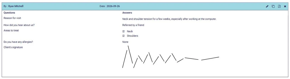 Completed and signed form, kept in the client record