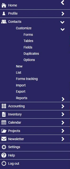 AssisTime menu: Contacts, Customize, Forms