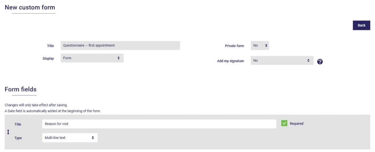 Creating a custom form in AssisTime: title, display, private form, signature and form fields