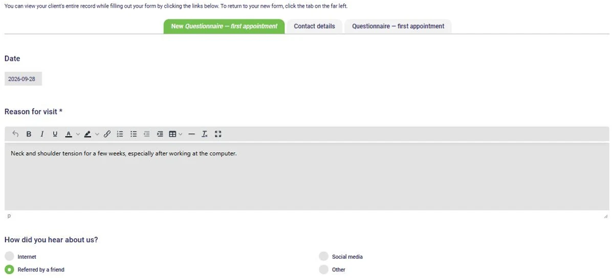 Filling out a form for a client in AssisTime