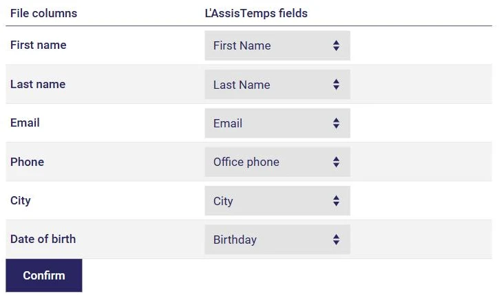 Matching the columns of an Excel file to AssisTime fields when importing contacts