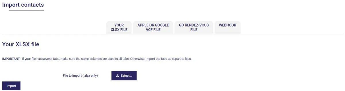 Import contacts page in AssisTime: XLSX file, Apple or Google VCF file, Go Rendez-vous file and webhook
