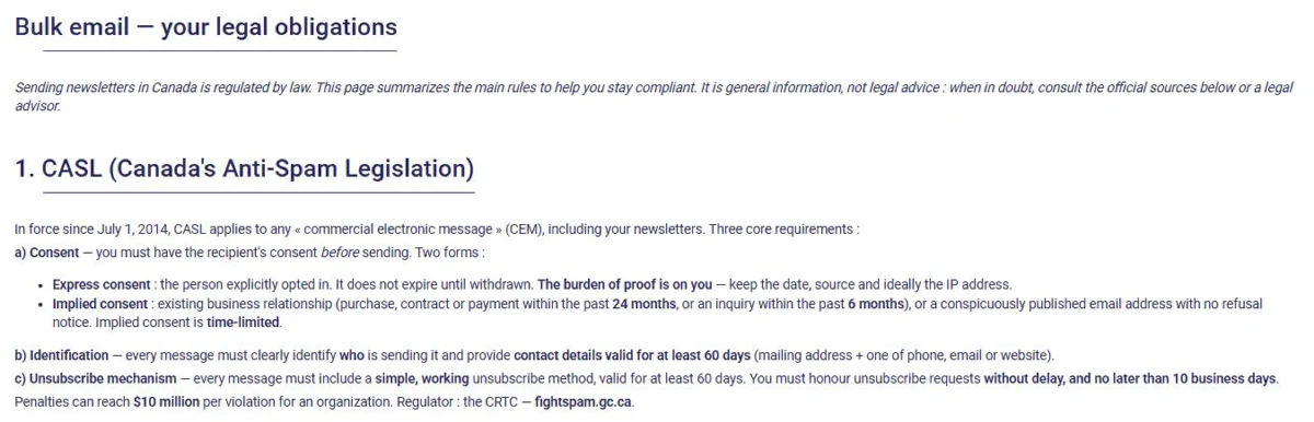 Summary of CASL obligations built into the AssisTime Newsletters module