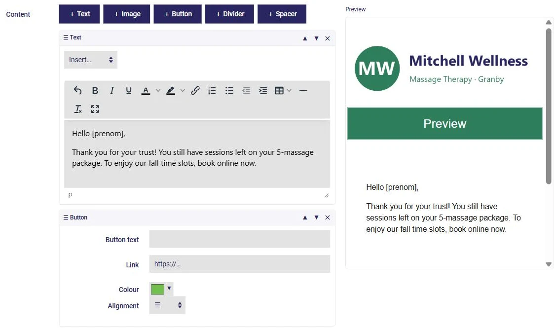 AssisTime block-based newsletter editor: text block, button block and email preview