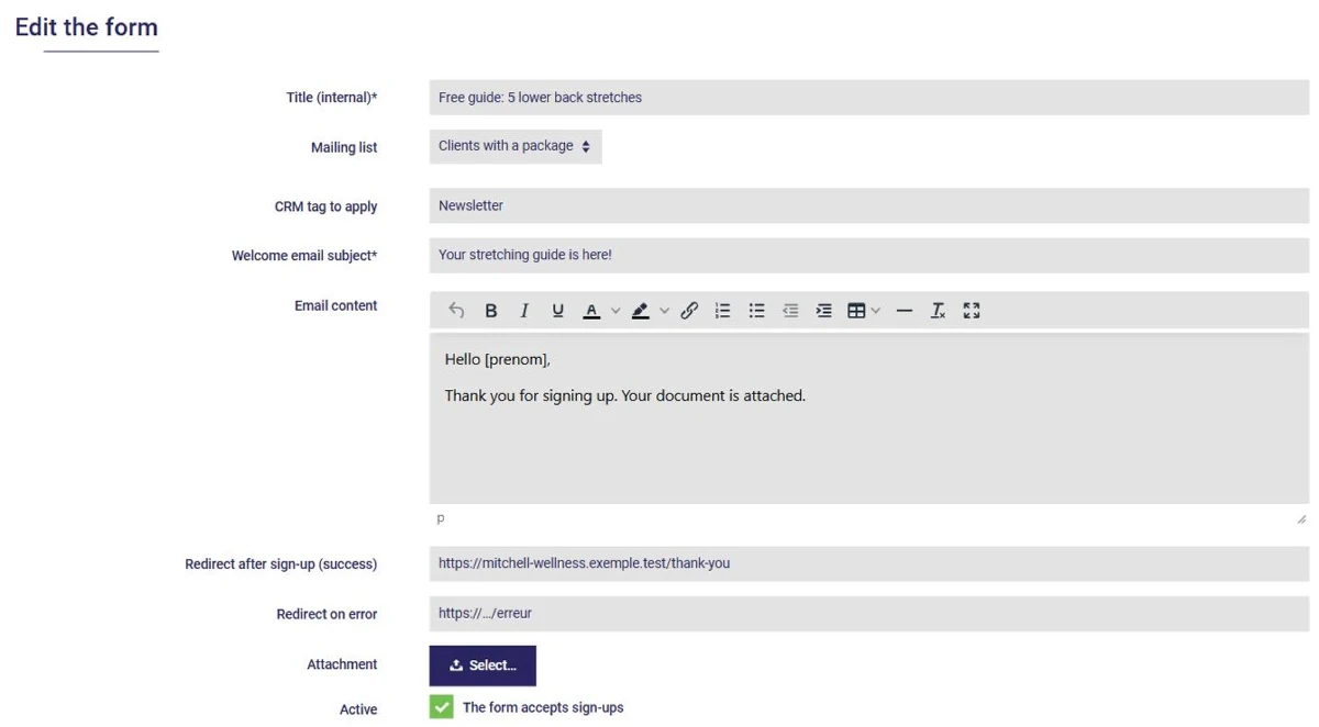 Newsletter sign-up form, with welcome email, in AssisTime