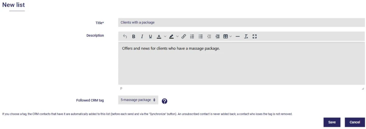 Creating a mailing list in the AssisTime Newsletter module, linked to a CRM tag
