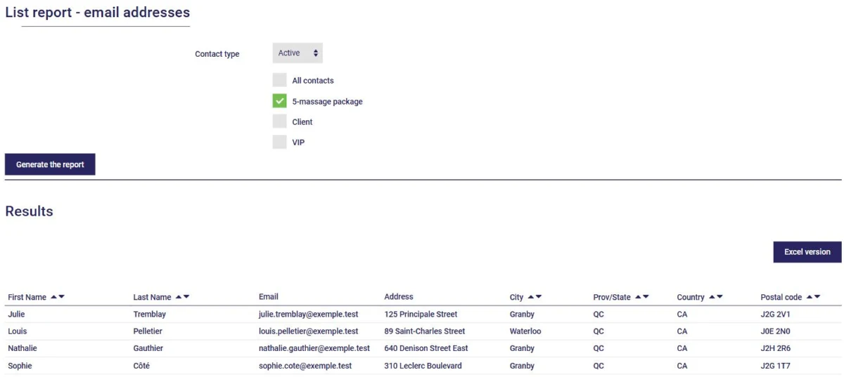 Report of contacts' email addresses in AssisTime, filtered by contact type, with the Excel version button