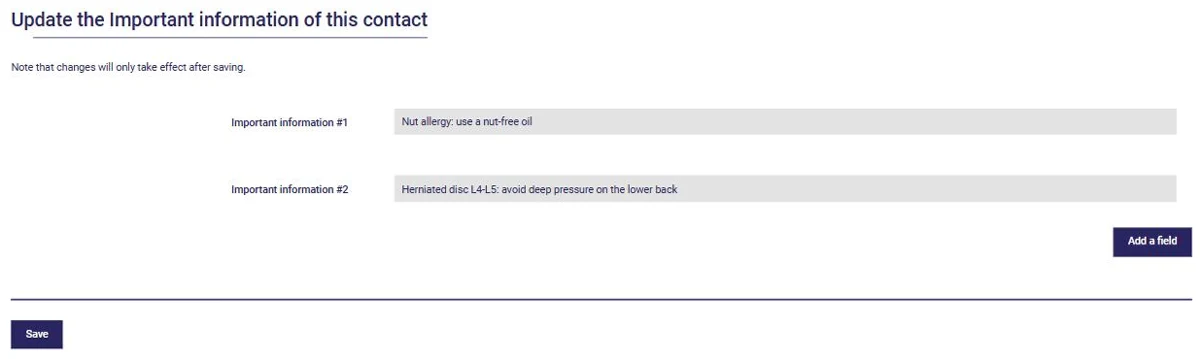 The important information form for a client in AssisTime