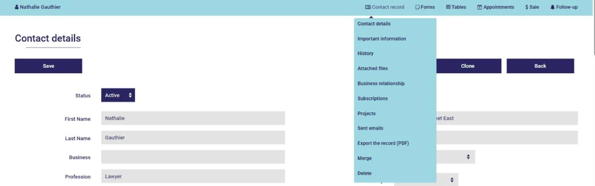 A client record in AssisTime: Contact record menu, History