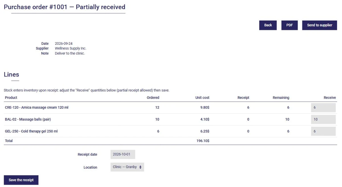 Partially received purchase order in AssisTime