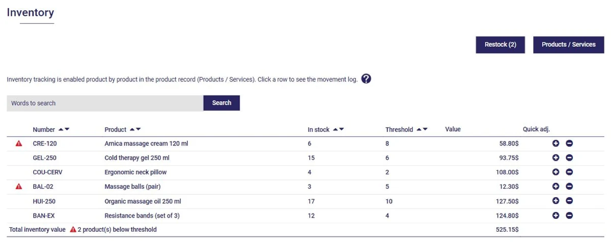 Inventory list with products below the alert threshold in AssisTime