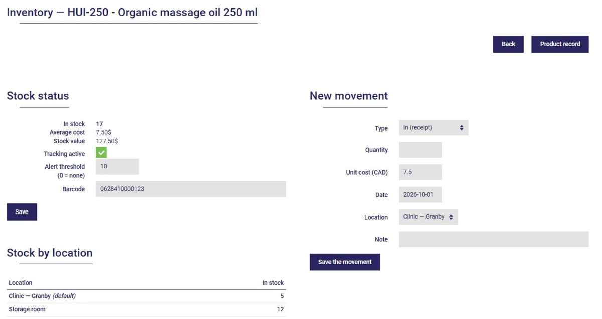 Average cost, stock value and stock by location for a product in AssisTime