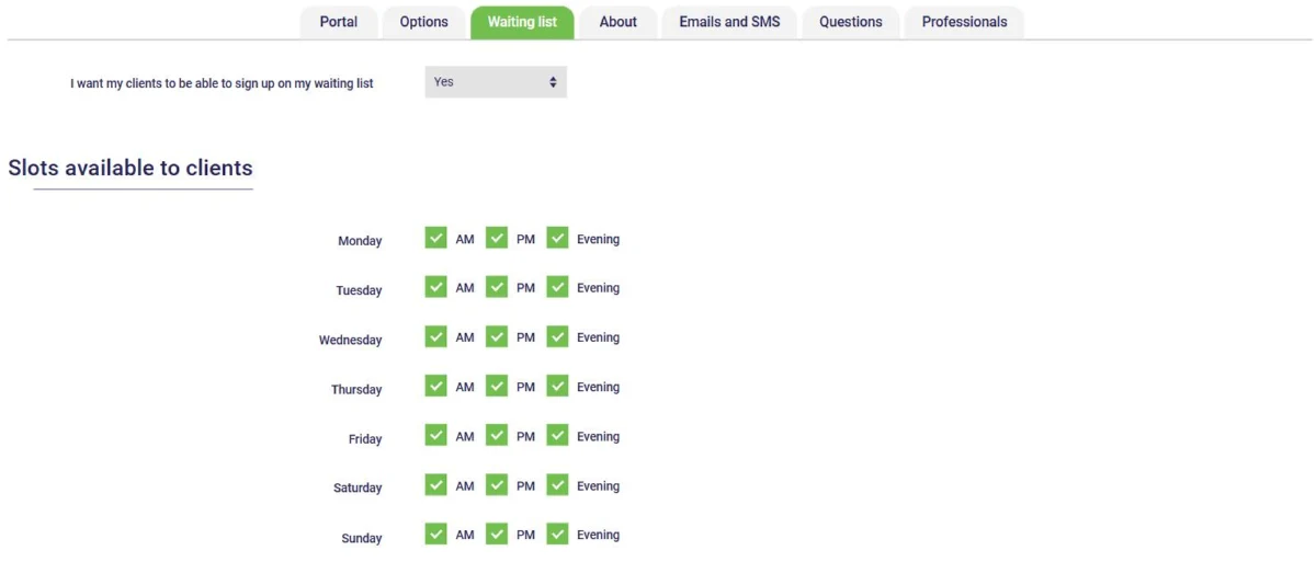Waiting list settings in AssisTime: who can sign up and the time periods offered to clients (AM, PM, evening)