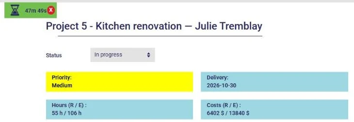 Timer running on a kitchen renovation job in AssisTime