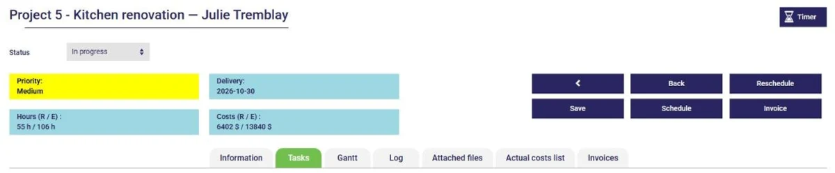 Renovation project with its hours, costs and Invoice button in AssisTime