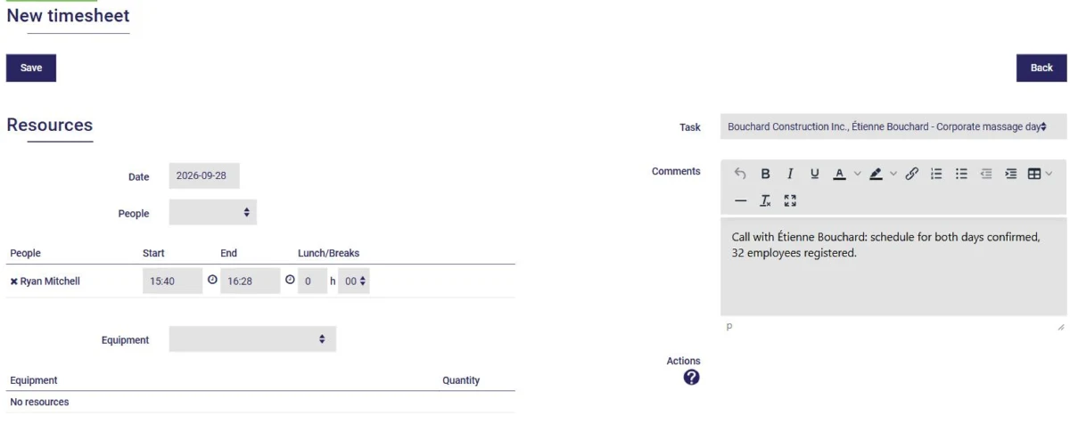 Timesheet created from the timer in AssisTime: date, start and end times, task and comments