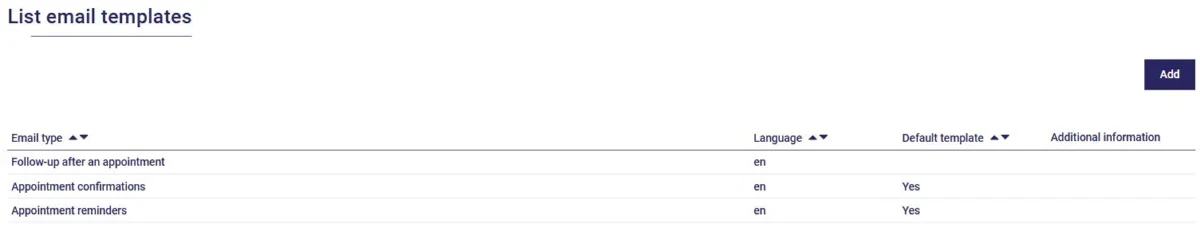 List of email templates in AssisTime: follow-up after an appointment, appointment confirmation and reminder