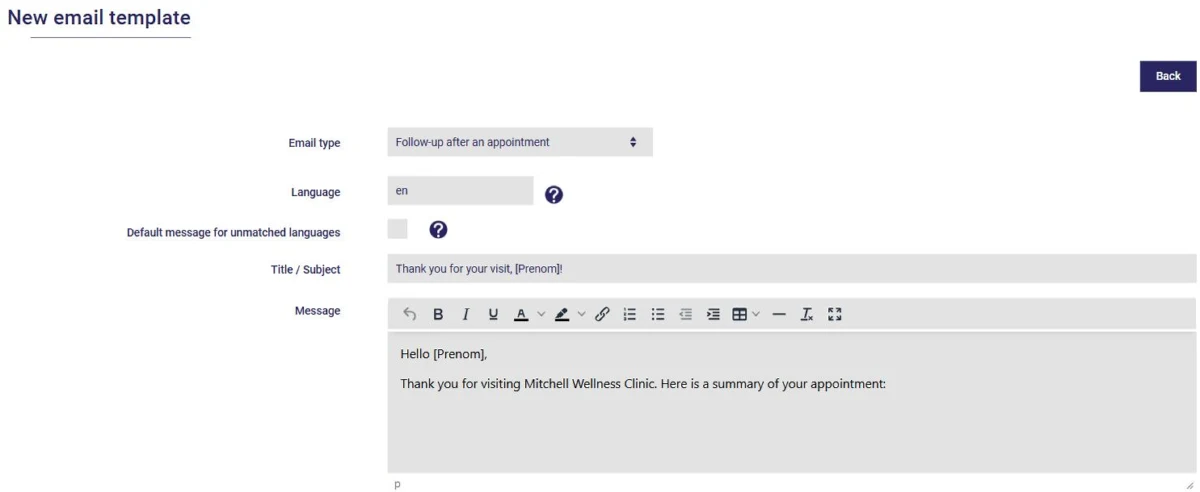 New email template in AssisTime: email type, language, title and message