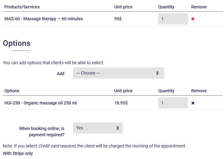 Accounting section of an appointment type in AssisTime: products and services, options and payment required when booking online