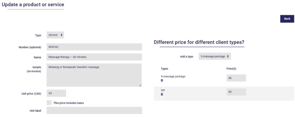 A product or service in AssisTime: unit price of $95 and different prices for the VIP and Forfait 5 massages client types