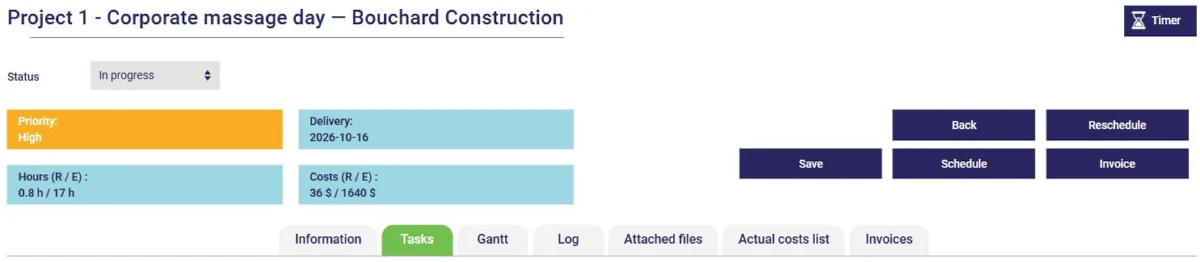 Project record in AssisTime: status, priority, delivery, actual and estimated hours and costs, buttons and tabs